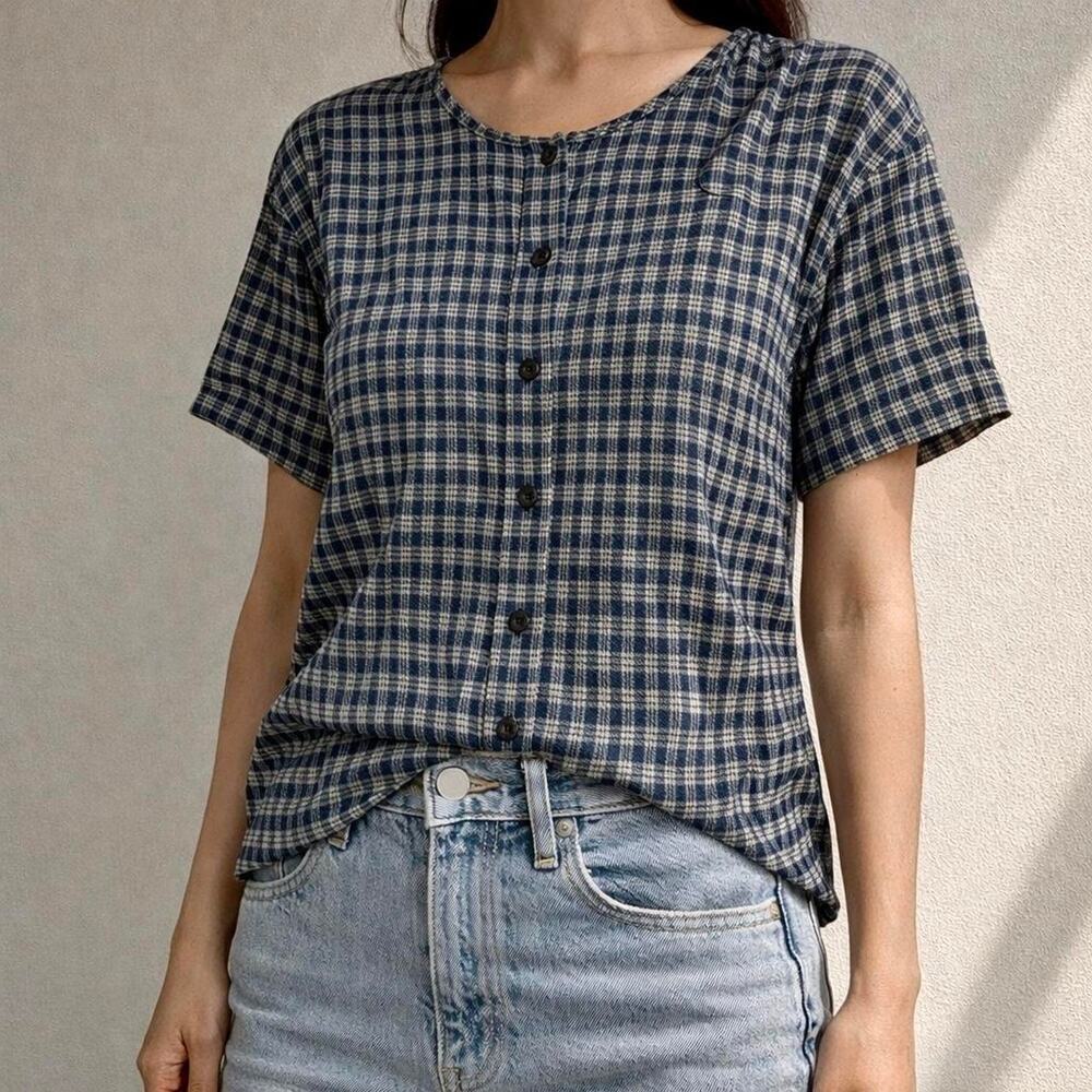 Vintage 100% Silk Coastal Blue & White Gingham Print Button Front Blouse Size M